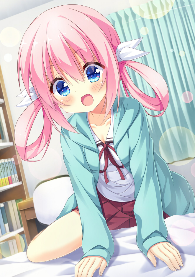 1girl, bed, bedroom, blue_eyes, blue_jacket, blush, book, bookshelf