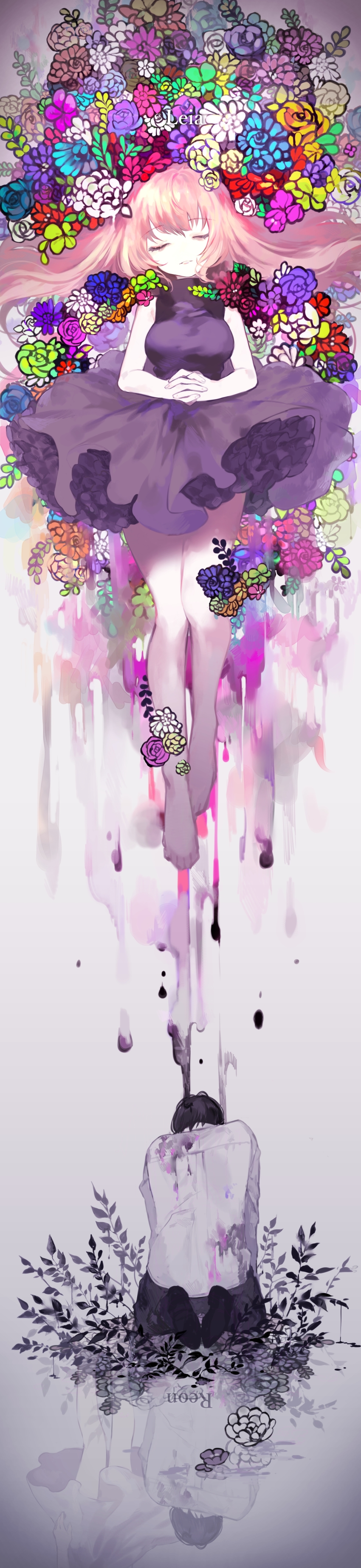 1boy, 1girl, absurdres, aqua_flower, bare_legs, barefoot, black_hair, black_pants