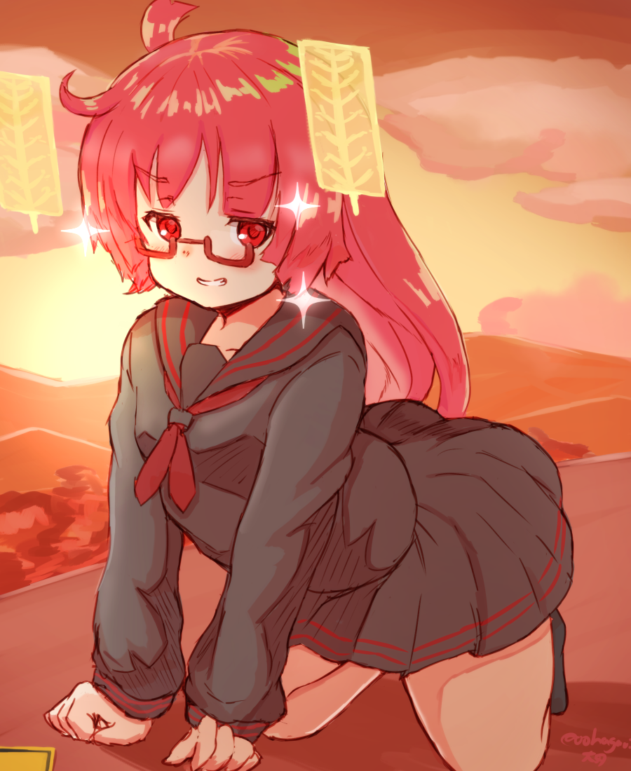 1girl, black_shirt, black_shoes, black_skirt, blouse, blush, cloud, collarbone, commentary_request, female_focus, glasses, grin, hands_on_ground, hill, kemurikusa, kemurikusa_(object), kneeling, long_hair, neckerchief, on_ground, ooba_jun, red-framed_eyewear, red_eyes, red_hair, red_neckerchief, ryoku_(kemurikusa), sailor_collar, shirt, shoes, skirt, smile, solo, sparkle, sunset