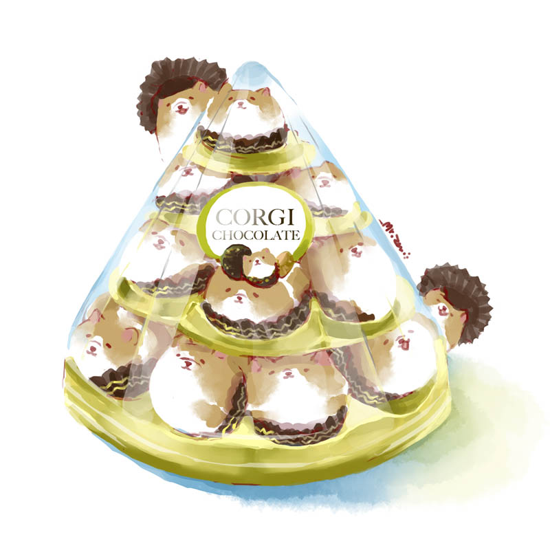 animal_focus, black_eyes, chocolate, dog, food, looking_at_viewer, no_humans, open_mouth, original, plastic_wrap, welsh_corgi, white_background, zac-chen