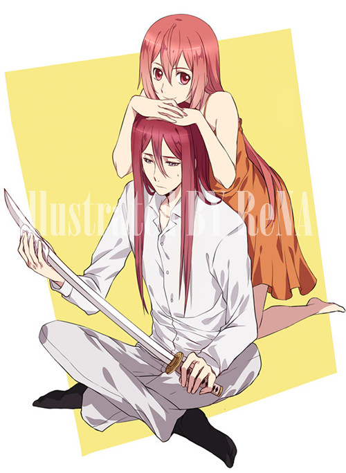 1boy, 1girl, androgynous, barefoot, black_legwear, dress, dress_shirt, hair_between_eyes