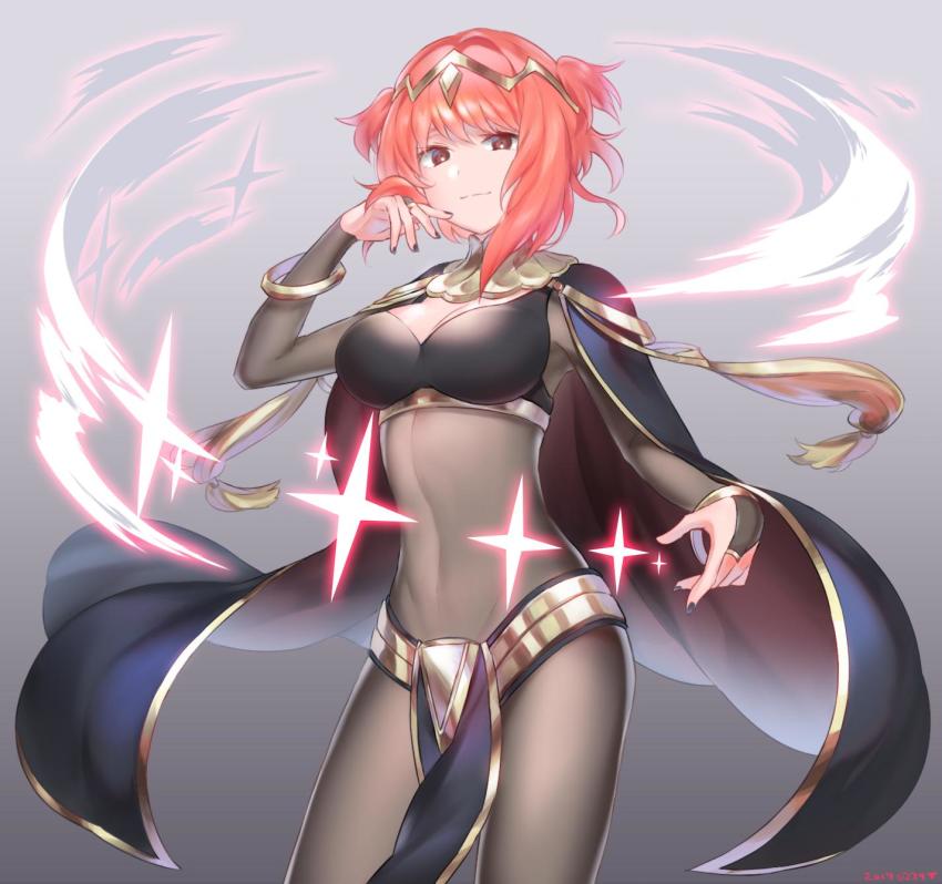 1girl, bodysuit, bracelet, breasts, bridal_gauntlets, cape, closed_mouth, cosplay, covered_navel, dark_mage_(fire_emblem_awakening), female_focus, fire_emblem, fire_emblem_awakening, fire_emblem_fates, futabaaf, highres, jewelry, medium_breasts, nail_polish, nintendo, pink_hair, sakura_(fire_emblem), see-through_clothes, short_hair, simple_background, skin_tight, solo, tharja_(fire_emblem), tharja_(fire_emblem)_(cosplay), tiara