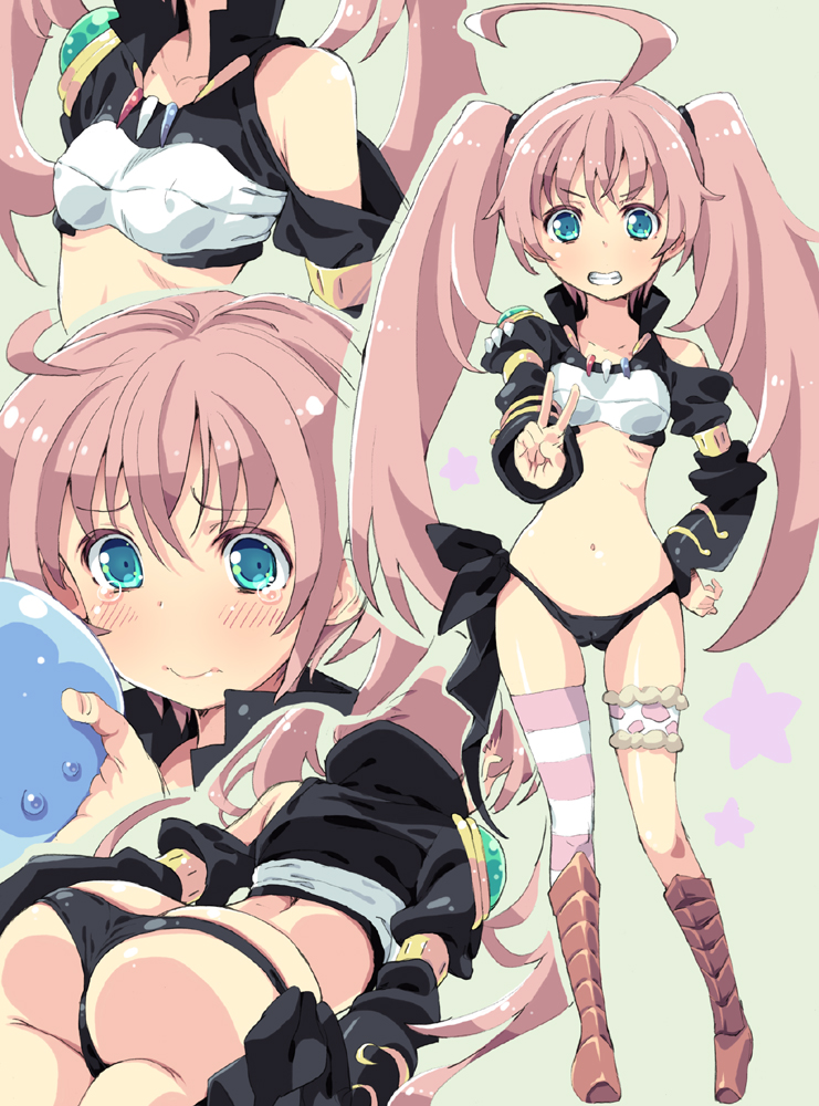 1girl, ahoge, ass, asymmetrical_legwear, bare_shoulders, black_panties, blue_eyes, breasts, butt_crack, cameltoe, from_below, homing_(areya), midriff, milim_nava, navel, panties, rimuru_tempest, sad, side-tie_panties, slime_(creature), small_breasts, smile, solo_focus, striped_clothes, striped_legwear, striped_thighhighs, sweatdrop, tearing_up, tears, tensei_shitara_slime_datta_ken, thighhighs, twintails, underwear, uneven_legwear, v