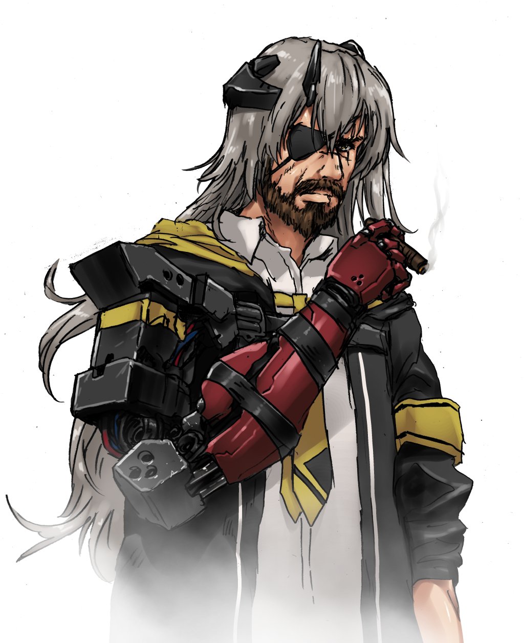 1boy, armband, artist_request, cigar, commentary_request, cosplay, eyepatch, genderswap, genderswap_(ftm), girls'_frontline, grey_hair, highres, jack-o'-lantern, korean_commentary, male_focus, metal_gear_(series), metal_gear_solid_v:_the_phantom_pain, mod3_(girls'_frontline), necktie, prosthesis, prosthetic_arm, smoking, solo, ump45_(girls'_frontline), ump45_(girls'_frontline)_(cosplay), venom_snake