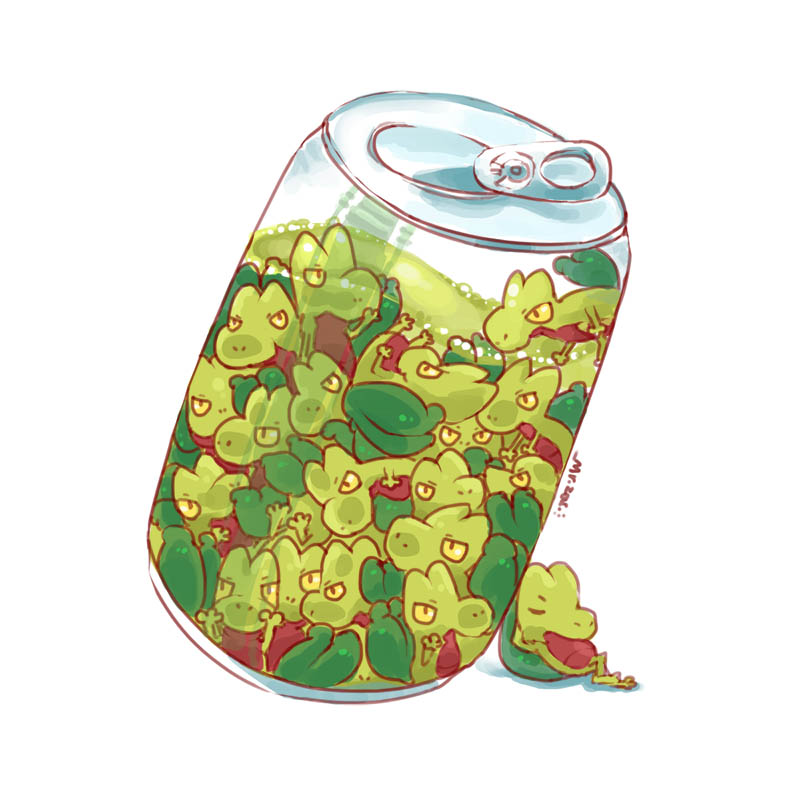bottle, can, colored_sclera, drink_can, gen_3_pokemon, in_bottle, in_container, lizard, nintendo, pokemon, pokemon_(creature), simple_background, sleeping, soda, soda_can, too_many, treecko, white_background, yellow_sclera, zac-chen