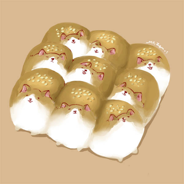 animal, animal_focus, bread, brown_background, closed_eyes, dog, food, food-themed_creature