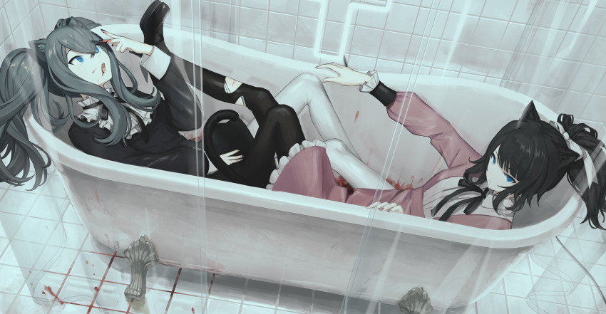 2girls, animal_ear_fluff, animal_ears, black_footwear, black_hair, black_legwear, black_nails, blood