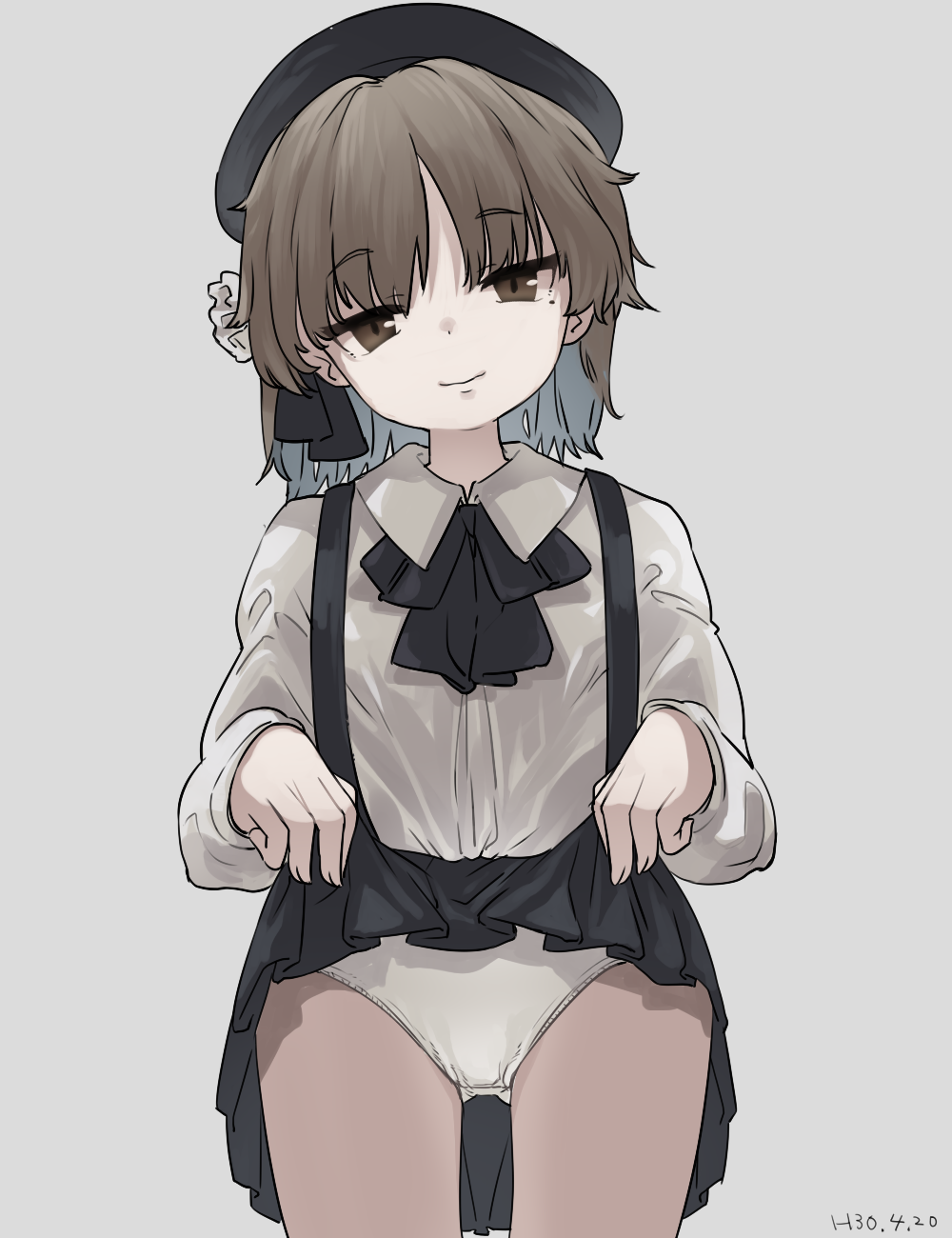 1girl, bad_id, bad_pixiv_id, beret, black_bow, black_bowtie, black_hat, black_skirt