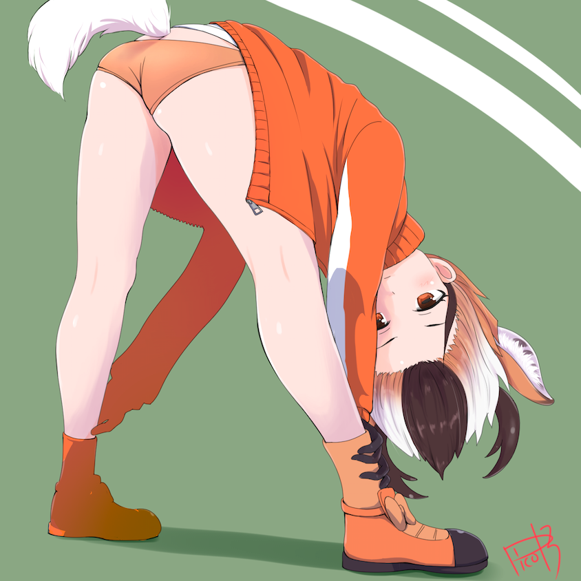1girl, animal_ear_fluff, animal_ears, antlers, ass, bent_over, brown_hair, buruma, commentary, extra_ears, female_focus, horizontal_pupils, horns, jacket, kemono_friends, kemono_friends_2, looking_at_viewer, multicolored_hair, natural_wedgie, orange_eyes, orange_hair, picolette_xiii, pronghorn_(kemono_friends), simple_background, solo, tail, track_jacket, wedgie, white_hair