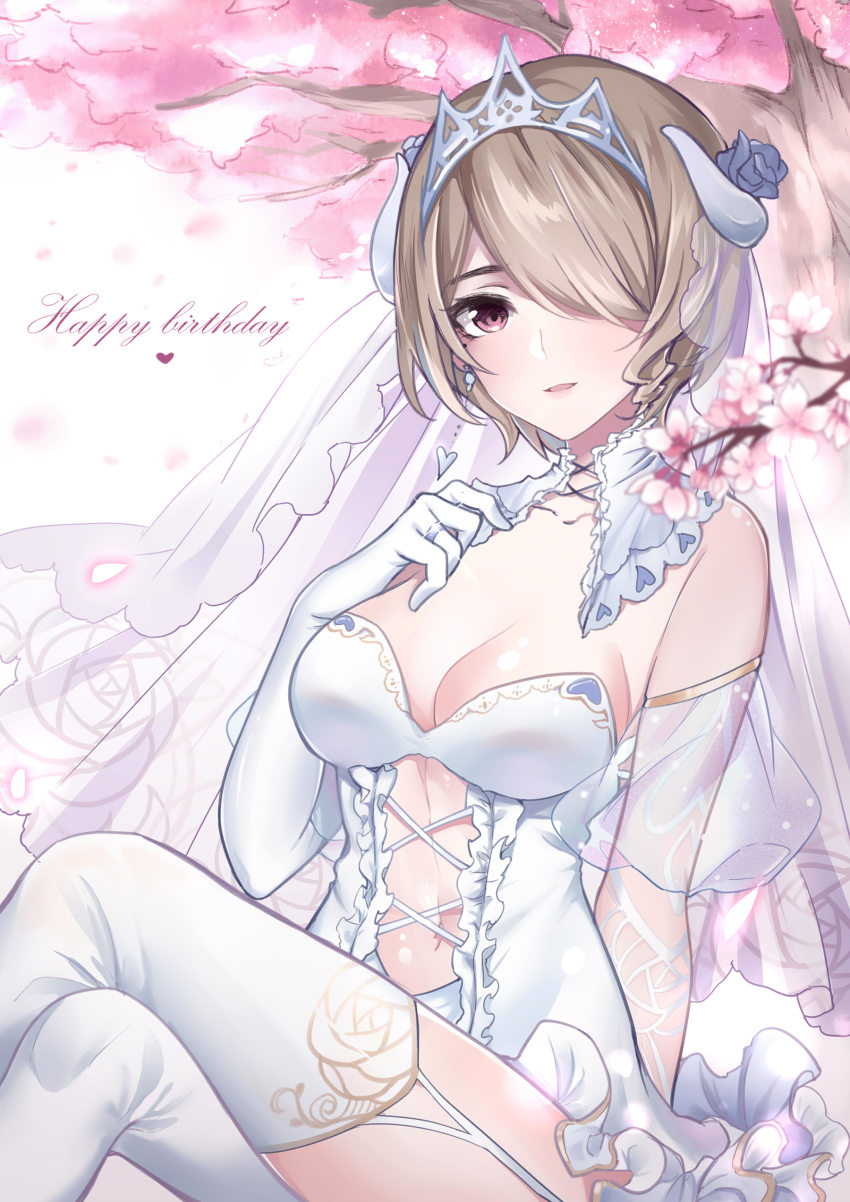 1girl, absurdres, bad_id, bad_pixiv_id, breasts, bridal_veil, bride, cherry_blossoms