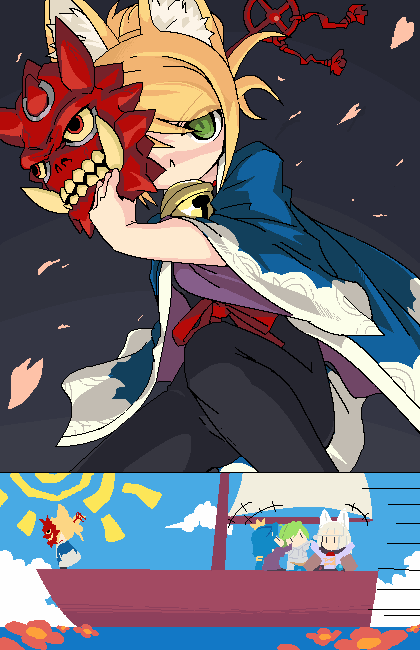 4girls, 7th_dragon, 7th_dragon_(series), bad_id, bad_pixiv_id, boat, ikurakun_(7th_dragon), kate_(7th_dragon), knight_(7th_dragon), mage_(7th_dragon), mask, mof, momomeno_(7th_dragon), multiple_girls, namuna_(7th_dragon), oekaki, princess_(7th_dragon), samurai_(7th_dragon), watercraft