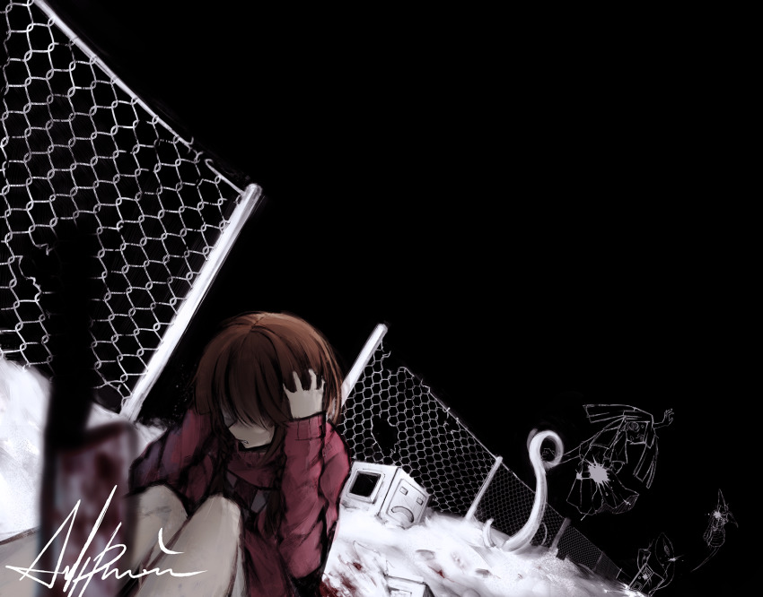 2girls, anhypnosis, black_background, blood, brown_hair, checkered_clothes, checkered_shirt, cube, dark, door, fence, frown, frustrated, hands_on_own_head, highres, kasei-san, kitchen_knife, knees_to_chest, knife, madotsuki, monoko, multiple_girls, open_door, pink_shirt, plant, red_theme, shirt, skirt, smiley_face, tokuto-kun, toriningen, yume_nikki