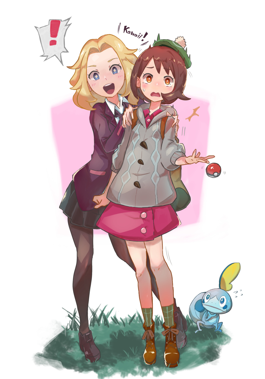 2girls, absurdres, animal, beret, black_legwear, blonde_hair, blouse, blue_eyes, boots, brown_eyes, brown_hair, eyebrows, gen_8_pokemon, gloria_(pokemon), green_hat, hat, highres, lass_(pokemon), lass_(pokemon_swsh), long_hair, matching_hair/eyes, multiple_girls, necktie, nintendo, open_mouth, pantyhose, poke_ball, poke_ball_(basic), pokemon, pokemon_(creature), pokemon_sword_and_shield, purple_shirt, shirt, shoes, short_hair, skirt, sobble, standing, star-shaped_pupils, star_(symbol), symbol-shaped_pupils, tail, teeth, tokage_(ragou_boss)