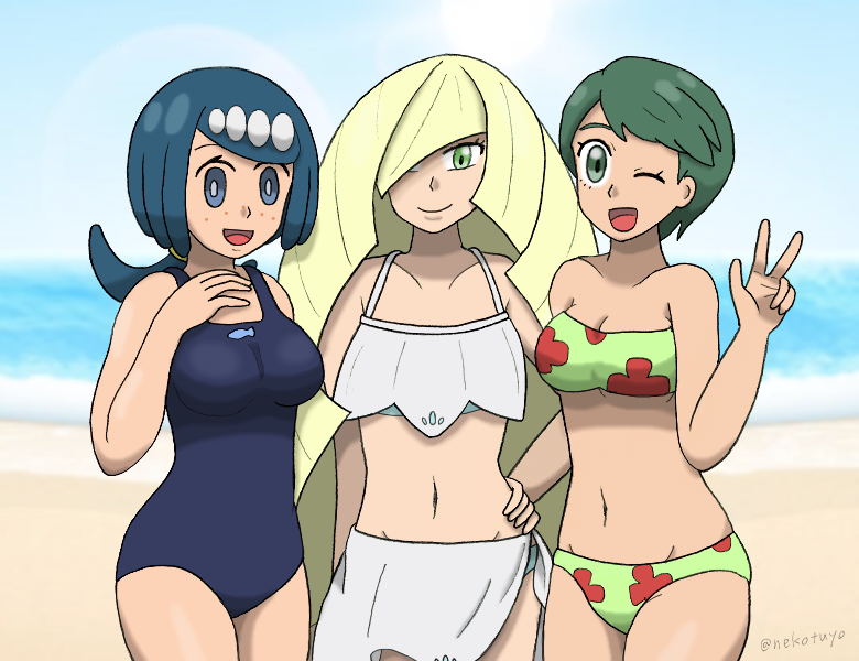 3girls, belly, bikini, blue_eyes, blue_hair, breasts, cosplay, eyebrows