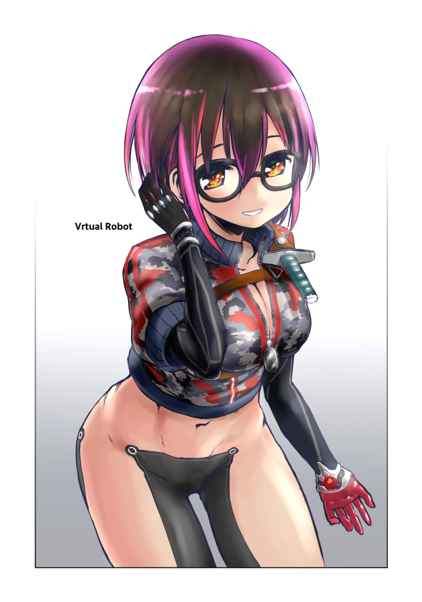1girl, android, black-framed_eyewear, black_gloves, breasts, brown_hair, camouflage, cleavage