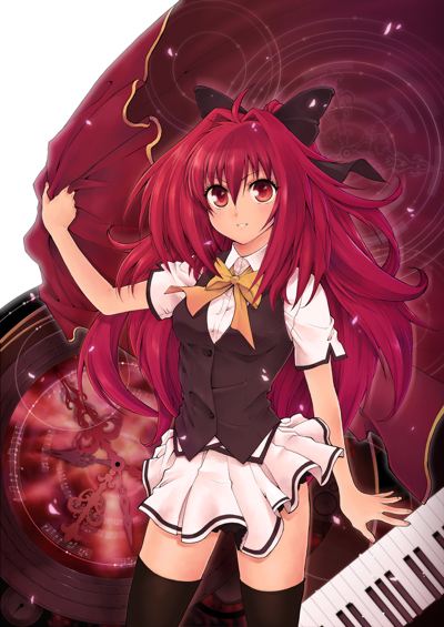 00s, 1girl, ahoge, black_thighhighs, blush, bow, bowtie, clock