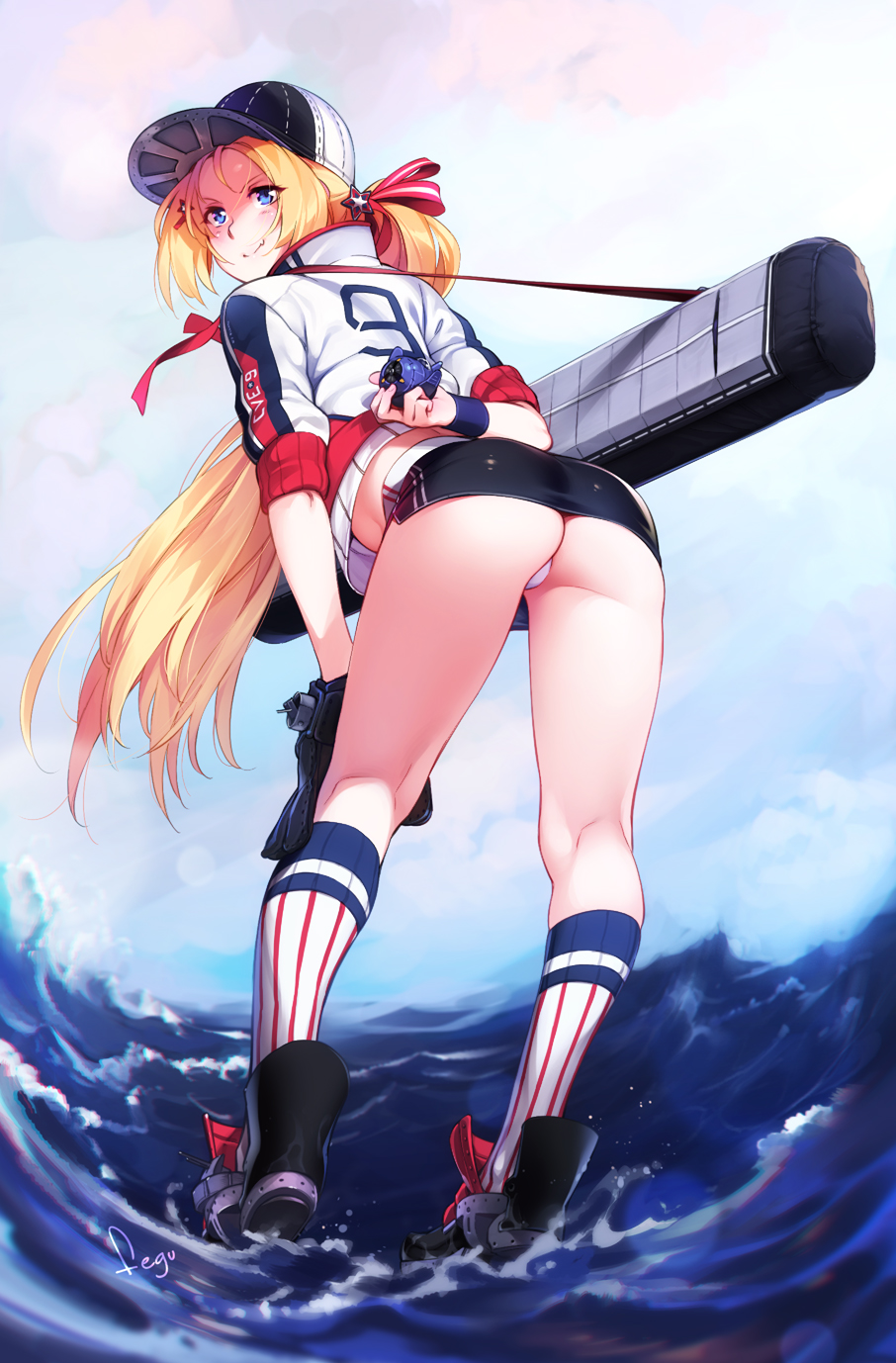 1girl, ass, azur_lane, back, baseball_cap, baseball_glove, baseball_uniform, blue_eyes, blush, bogue_(azur_lane), bogue_(retrofit)_(azur_lane), day, feguimel, female_focus, hat, highres, kneehighs, kneepits, long_hair, ocean, outdoors, panties, ponytail, remodel_(azur_lane), skirt, smile, socks, solo, sportswear, thong, underwear, very_long_hair, white_panties