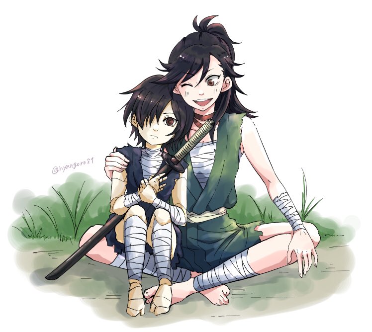 1boy, 1girl, age_switch, bandages, barefoot, black_hair, brown_eyes, child