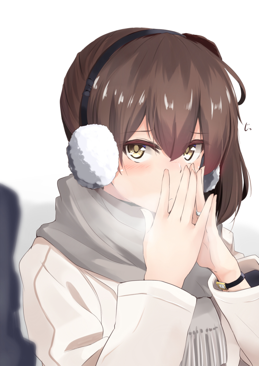 1boy, 1girl, admiral_(kancolle), blush, brown_eyes, brown_hair, coat, commentary_request