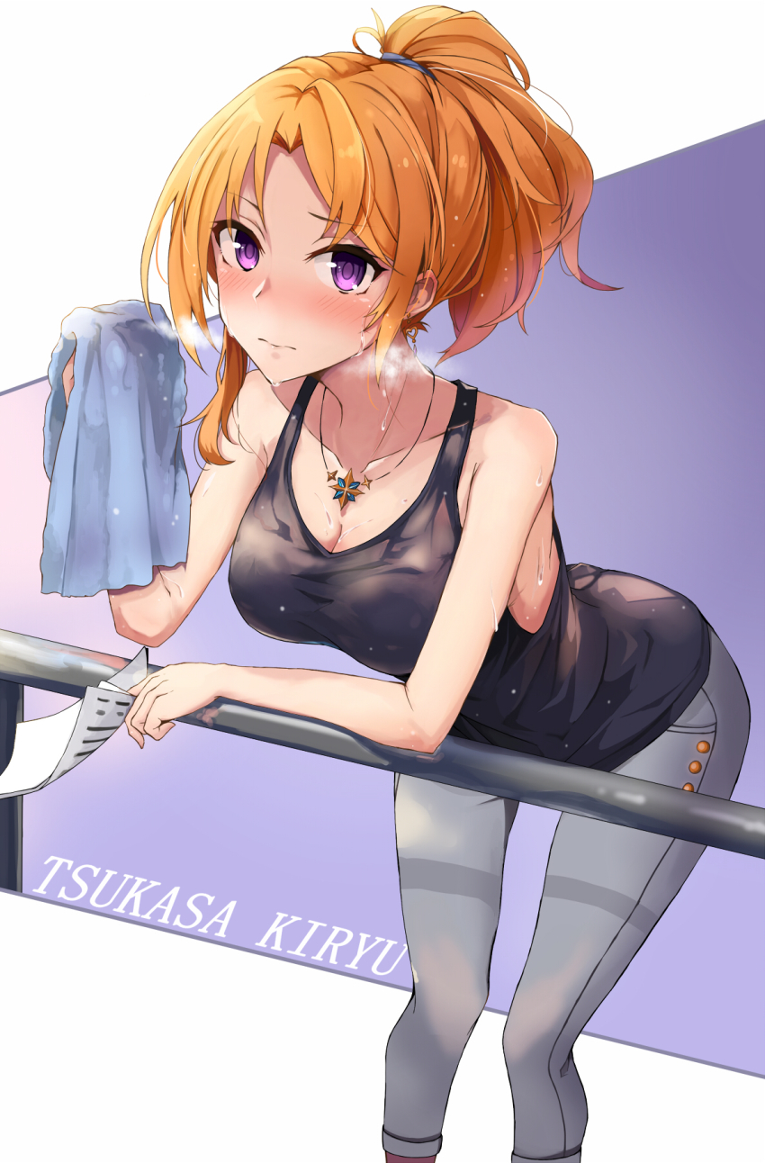 1girl, bent_over, black_shirt, blonde_hair, breasts, character_name, cleavage, collarbone