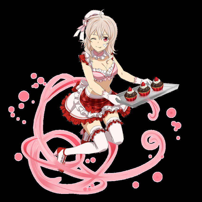 1girl, ;p, bandaid, bandaid_on_face, bra, breasts, choker, cleavage