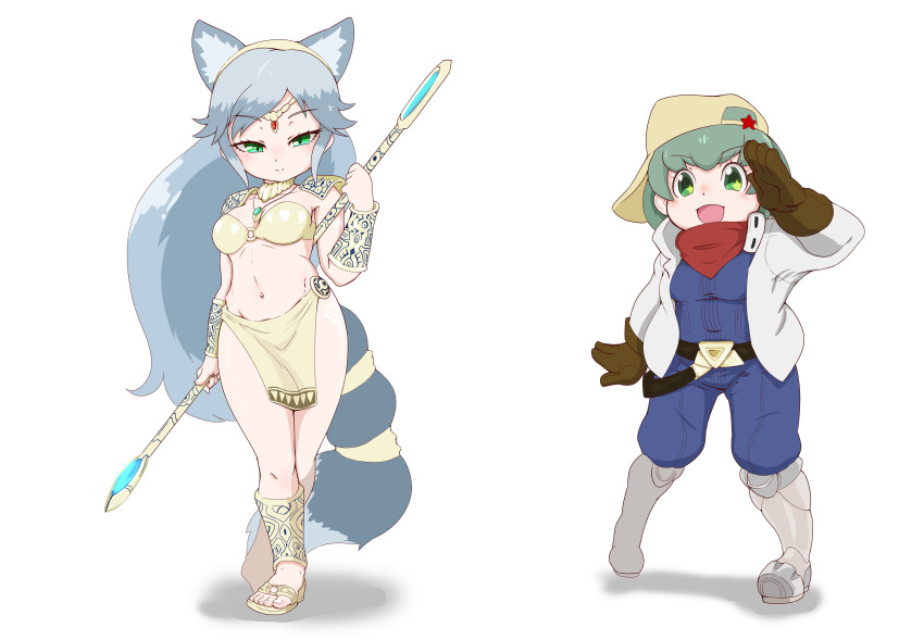 2girls, animal_ears, anklet, arm_tattoo, armor, armored_boots, backwards_hat, bandeau, bare_arms, bare_legs, baseball_cap, belt, boots, circlet, closed_mouth, collared_jacket, cosplay, crossover, extra_ears, fox_ears, fox_tail, full_body, gloves, graphite_(medium), green_eyes, green_hair, grey_hair, hand_up, hat, high_collar, highres, holding, holding_staff, holding_weapon, jacket, jewelry, jumpsuit, kemono_friends, keroro, keroro_gunsou, krystal, krystal_(cosplay), leg_tattoo, loincloth, long_hair, looking_at_viewer, medium_hair, metal, midriff, multiple_girls, nat_(gsx-r1300), navel, necklace, nintendo, o-ring, o-ring_top, open_clothes, open_jacket, outstretched_arm, outstretched_hand, parted_bangs, pauldrons, pelvic_curtain, pendant, personification, sandals, scarf, shoulder_armor, sidelocks, silver_fox_(kemono_friends), simple_background, slippy_toad, slippy_toad_(cosplay), smile, staff, standing, star_(symbol), star_fox, star_fox_adventures, stomach, tail, tattoo, tiara, toenails, toes, traditional_media, tsurime, vambraces, very_long_hair, weapon, white_background