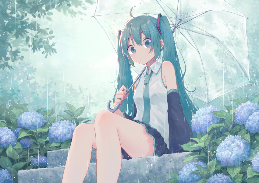 1girl, ahoge, arm_at_side, bare_legs, bare_shoulders, black_sleeves, blue_eyes, blue_hair, blue_neckwear, blue_skirt, closed_mouth, collared_shirt, day, detached_sleeves, feet_out_of_frame, female_focus, flower, hatsune_miku, highres, holding, holding_umbrella, hydrangea, jewelry, leaf, long_hair, long_sleeves, looking_at_viewer, miniskirt, necklace, missing_legwear, outdoors, plant, rain, shirt, sitting, skirt, solo, stairs, tareme, transparent, transparent_umbrella, twintails, umbrella, very_long_hair, vocaloid, water_drop, white_shirt, yumo_(mimengfeixue)