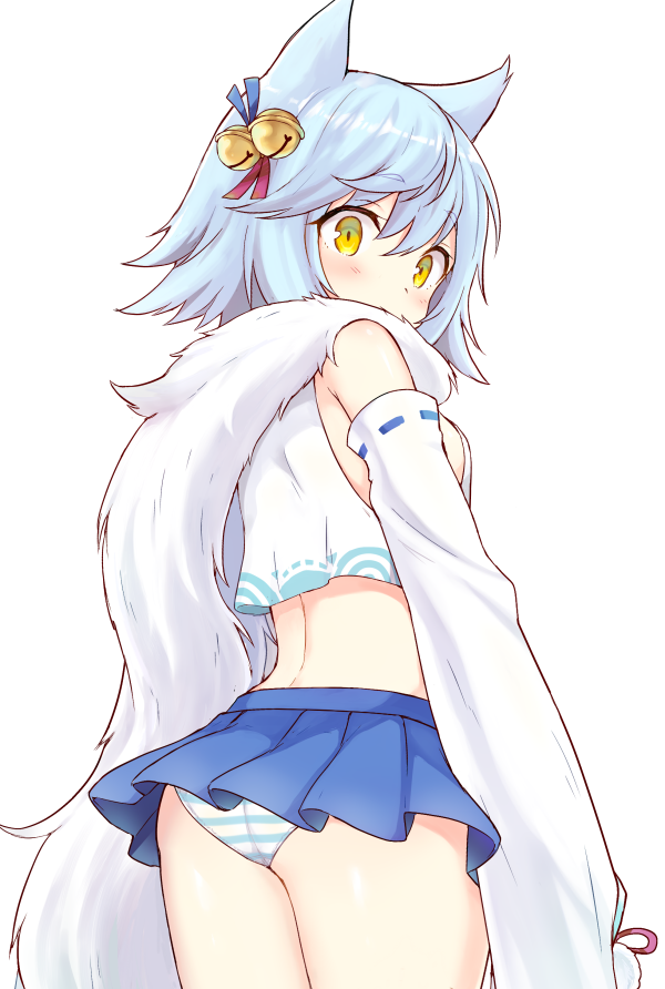 1girl, animal_ears, ass, azur_lane, bare_shoulders, bell, blue_hair, blue_skirt