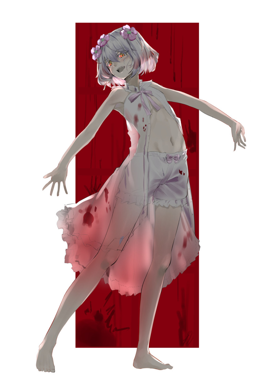 1girl, armpits, bare_shoulders, barefoot, blood, blood_in_hair, blood_on_clothes, bloomers