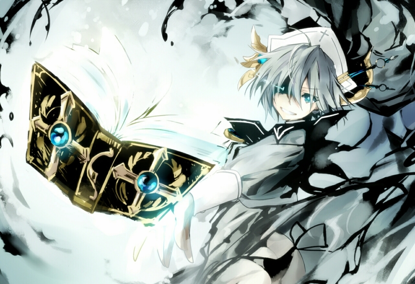 1girl, aqua_eyes, bad_id, bad_pixiv_id, book, butt_crack, cross, date_a_live, glowing, glowing_eyes, grey_hair, grin, habit, hand_up, honjou_nia, nun_headdress, open_book, panties, shaded_face, short_hair, side-tie_panties, smile, tkhalloween, torn_clothes, underwear