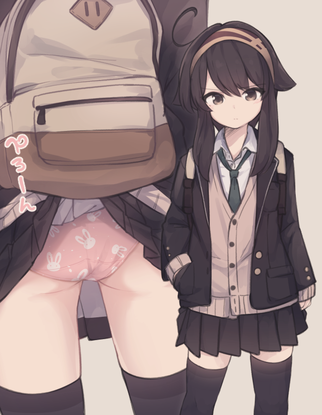 1girl, accidental_exposure, ahoge, animal_print, ass, backpack, bag, black_jacket