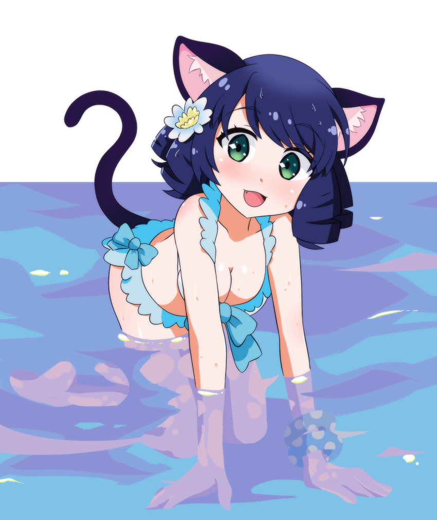 1girl, animal_ears, bikini, blue_hair, breasts, cat_ears, cat_girl, cat_tail