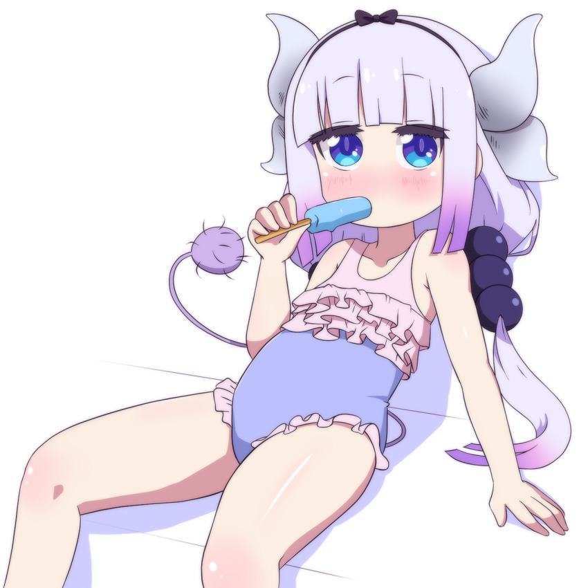 1girl, beads, black_hairband, blue_eyes, blunt_bangs, casual_one-piece_swimsuit, child, dragon_girl, dragon_horns, dragon_tail, female_focus, food, hair_beads, hair_ornament, hairband, highres, horns, kanna_kamui, kobayashi-san_chi_no_maidragon, light_purple_hair, looking_at_viewer, one-piece_swimsuit, pink_hair, popsicle, showers-u, sitting, solo, sphere_hair_ornament, swimsuit, tail, two-tone_swimsuit