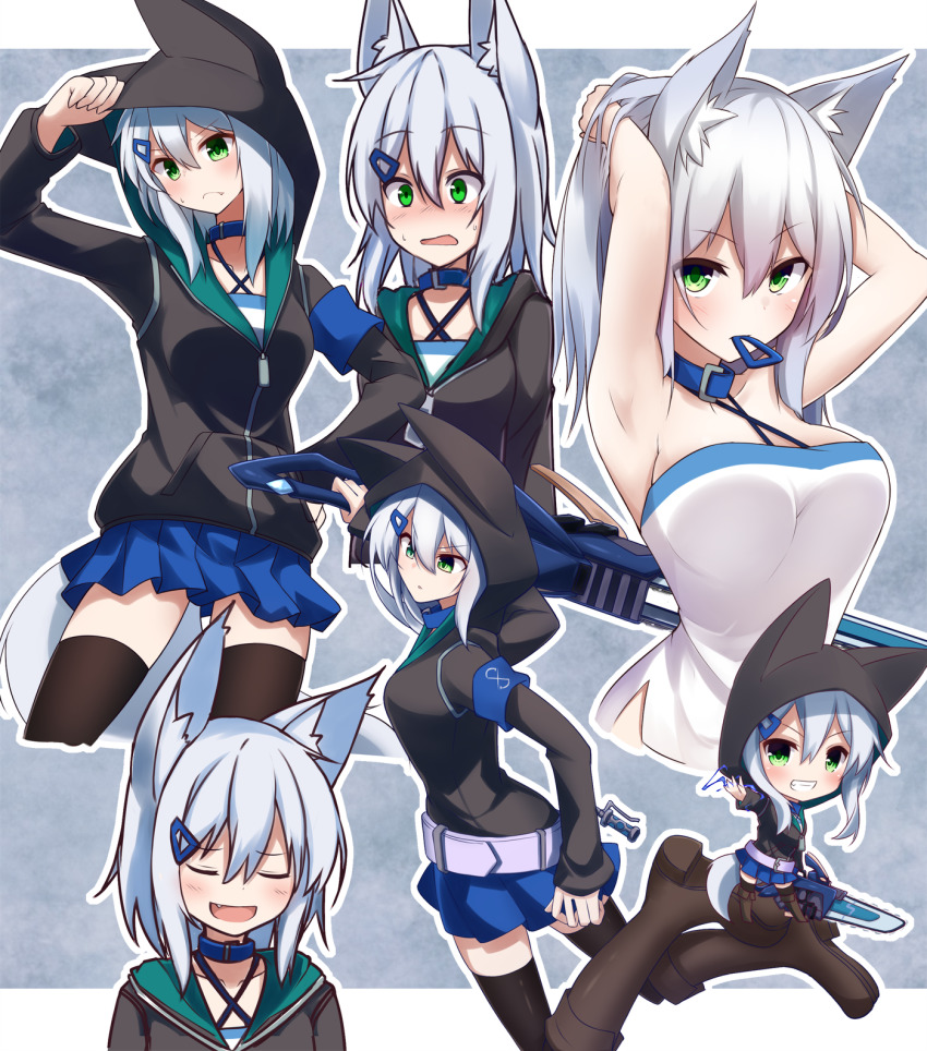 1girl, :d, animal_ear_fluff, animal_ears, animal_hood, arm_behind_head, arm_up, armband