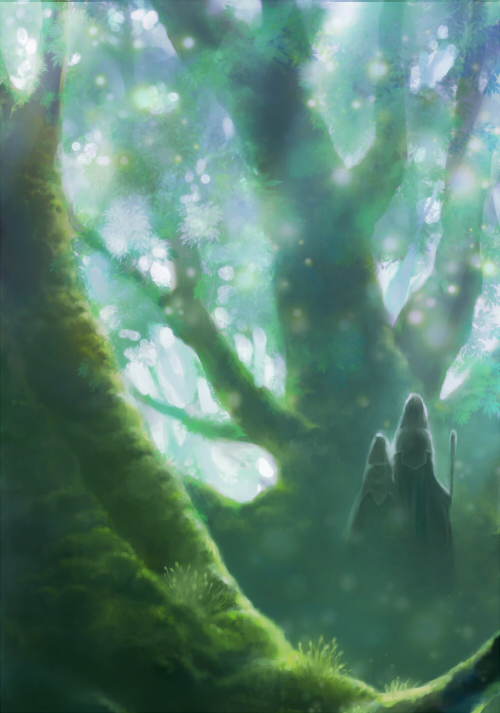 forest, green_theme, holding_hands, nature, robe, sachi_(pixiv), sachi_(yumemayoi), staff