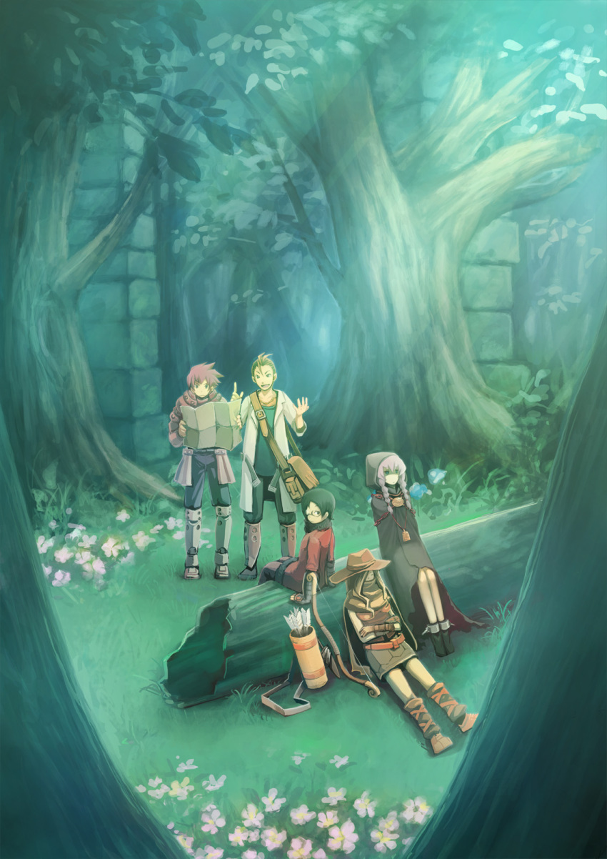 3girls, :d, against_tree, alchemist_(sekaiju), alchemist_2_(sekaiju), androgynous, antenna_hair, arm_support, armor, arrow_(projectile), atlus, bad_id, bad_pixiv_id, bag, bell, belt, black_hair, boots, bow_(weapon), braid, brown_hair, cape, chain, cloak, closed_eyes, crossed_arms, cuffs, curse_maker, curse_maker_2, elbow_gloves, etrian_odyssey, everyone, flower, forest, fur_trim, glasses, gloves, grass, greaves, hair_over_one_eye, hat, highres, holding, hood, in_tree, jewelry, knee_boots, lab_coat, long_hair, looking_at_viewer, looking_back, map, medic_(sekaiju), medic_3_(sekaiju), multiple_girls, nature, necklace, on_ground, open_clothes, open_mouth, outdoors, pointing, purple_hair, quiver, ranger_(sekaiju), ranger_4_(sekaiju), reading, sachi_(pixiv), sachi_(yumemayoi), satchel, shin_guards, short_hair, sidelocks, silver_hair, sitting, sitting_in_tree, skirt, sleeping, smile, spiked_hair, standing, swordsman_(sekaiju), swordsman_3_(sekaiju), tree, twin_braids, weapon