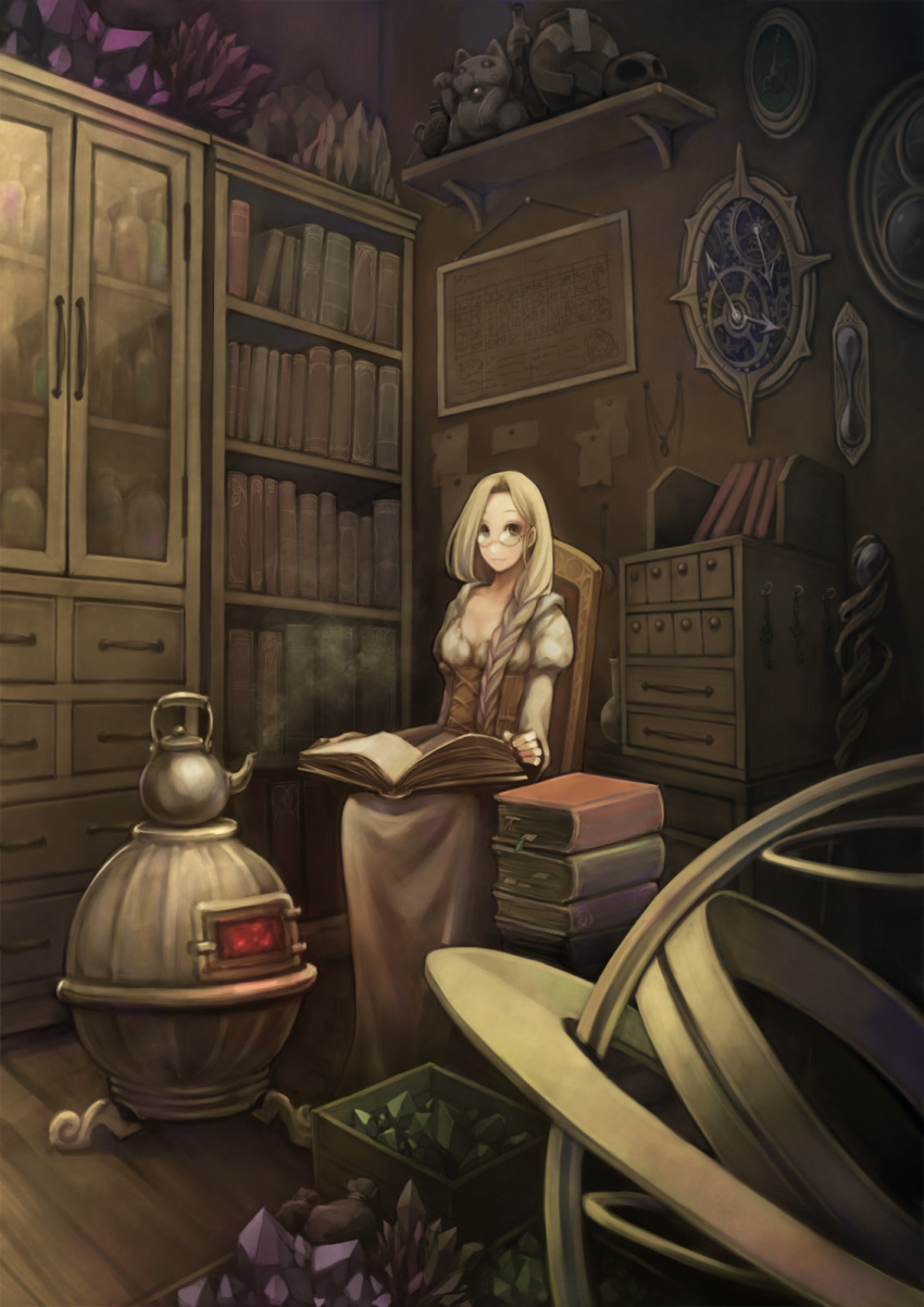 1girl, blonde_hair, book, braid, female_focus, glasses, highres, open_book