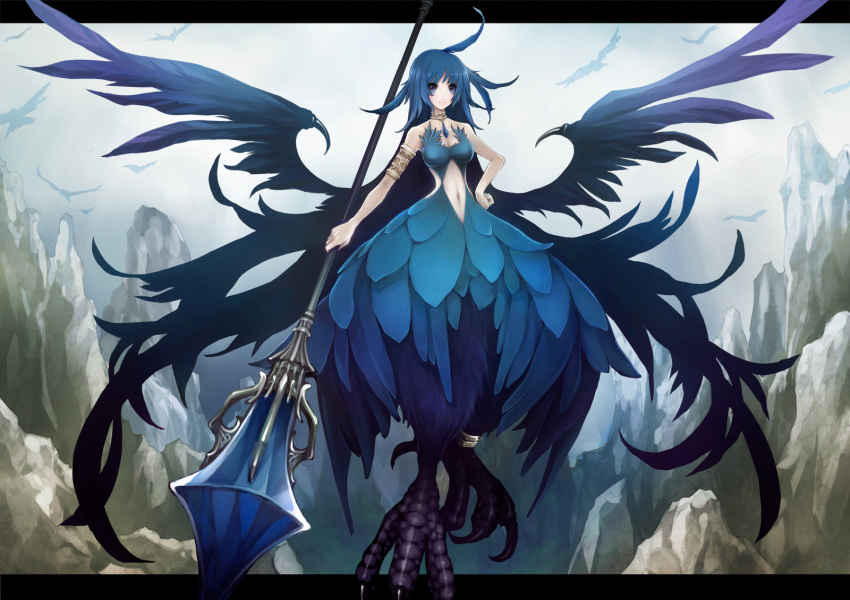 1girl, blue_hair, female_focus, gigandal_federation, harpy, highres, monster_girl, mountain, pixiv_fantasia, pixiv_fantasia_3, polearm, sachi_(pixiv), sachi_(yumemayoi), solo, talons, weapon, wings