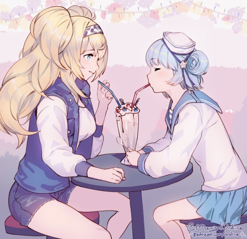 2girls, blonde_hair, blouse, blue_eyes, blunt_bangs, cutoffs, double_bun, gambier_bay_(kancolle), gambier_bay_(saury_festival)_(kancolle), hair_bun, hat, jacket, kantai_collection, milkshake, miniskirt, multiple_girls, pocket, roarke_(lavenderincubus), sailor_hat, samuel_b._roberts_(kancolle), school_uniform, serafuku, shared_food, shirt, sitting, skirt, spoon, tongue, tongue_out, watermark, web_address, white_hat, white_shirt, yuri