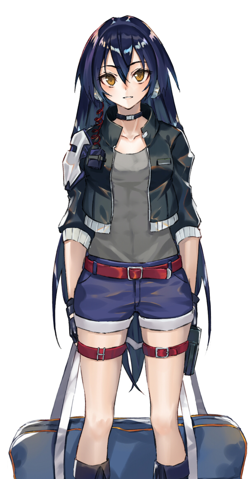 1girl, absurdres, armor, bag, belt, black_gloves, black_hair, black_jacket
