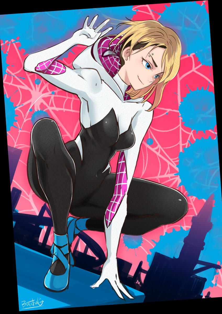 1girl, animification, artist_name, ballet_slippers, blonde_hair, blue_eyes, bodysuit, butcha-u, city, commentary_request, eyebrow_piercing, face_piercing, female_focus, gwen_stacy, hand_on_own_hip, highres, hood, hood_down, hooded_bodysuit, marvel, mask, piercing, raised_eyebrows, rooftop, short_hair, skin_tight, smile, solo, spider-gwen, spider-man:_into_the_spider-verse, spider-man_(series), spider-verse, spider_web_background, spider_web_print, squatting, superhero_costume, tiptoes, unworn_mask