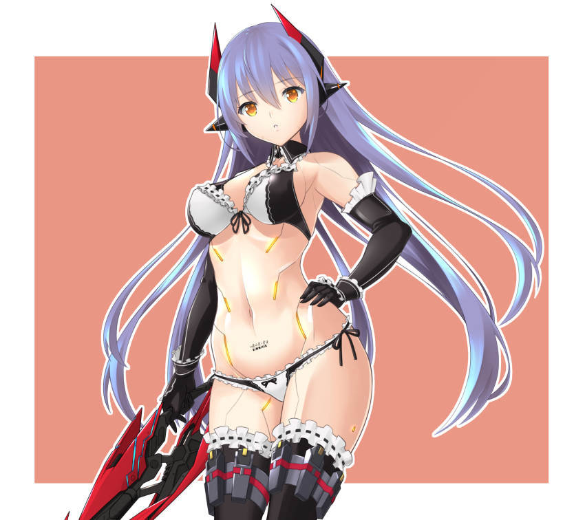 1girl, android, armpits, bad_id, bad_pixiv_id, bare_shoulders, bikini, black_thighhighs