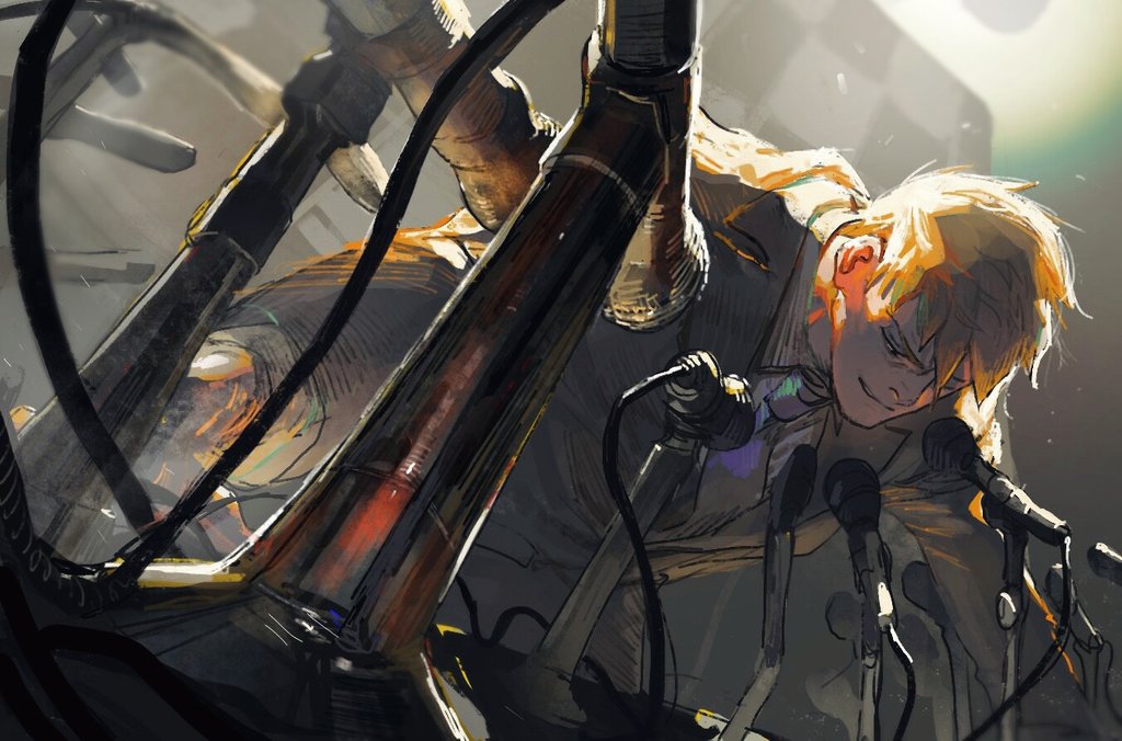 1boy, black_eyes, blonde_hair, blue_necktie, foreshortening, formal_clothes, from_below, leaning_forward