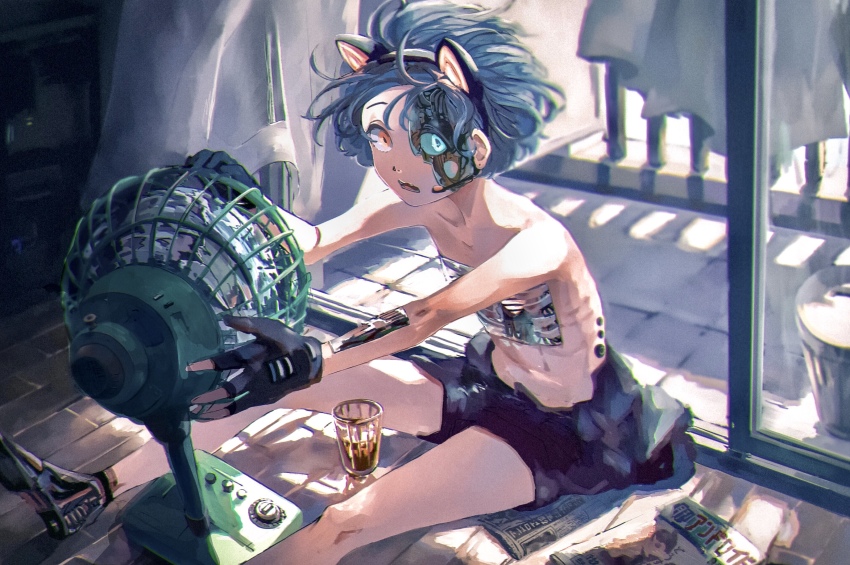 1girl, android, animal_ears, artificial_eye, balcony, cat_ears, chromatic_aberration, commentary, cup, drinking_glass, electric_fan, fake_animal_ears, female_focus, fingerless_gloves, gloves, hand_fan, highres, jyagaricoeater, looking_at_viewer, mechabare, single_mechanical_eye, on_floor, orange_eyes, original, short_hair, silver_hair, sitting, solo, topless_female