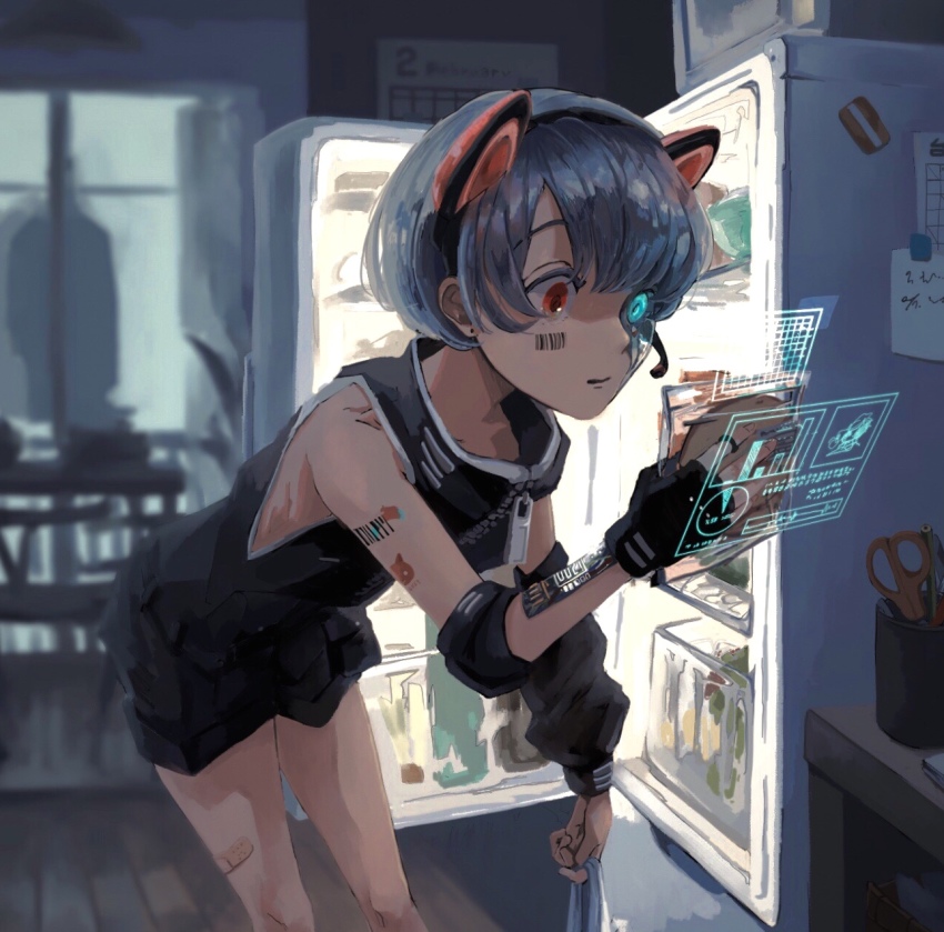 1girl, animal_ears, artificial_eye, bandaid, bandaid_on_leg, barcode_tattoo, blurry, blurry_background, cat_ears, commentary_request, cyborg, fake_animal_ears, fingerless_gloves, gloves, highres, holding, holographic_interface, jyagaricoeater, leaning_forward, single_mechanical_eye, orange_eyes, original, partial_commentary, refrigerator, science_fiction, scissors, short_hair, silhouette, silver_hair, sleeveless, solo_focus, tattoo
