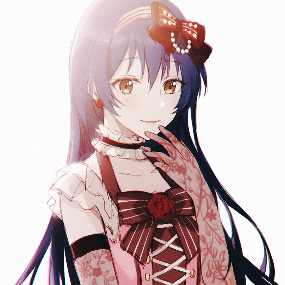 1girl, blue_hair, collar, earrings, elbow_gloves, female_focus, gloves, hair_between_eyes