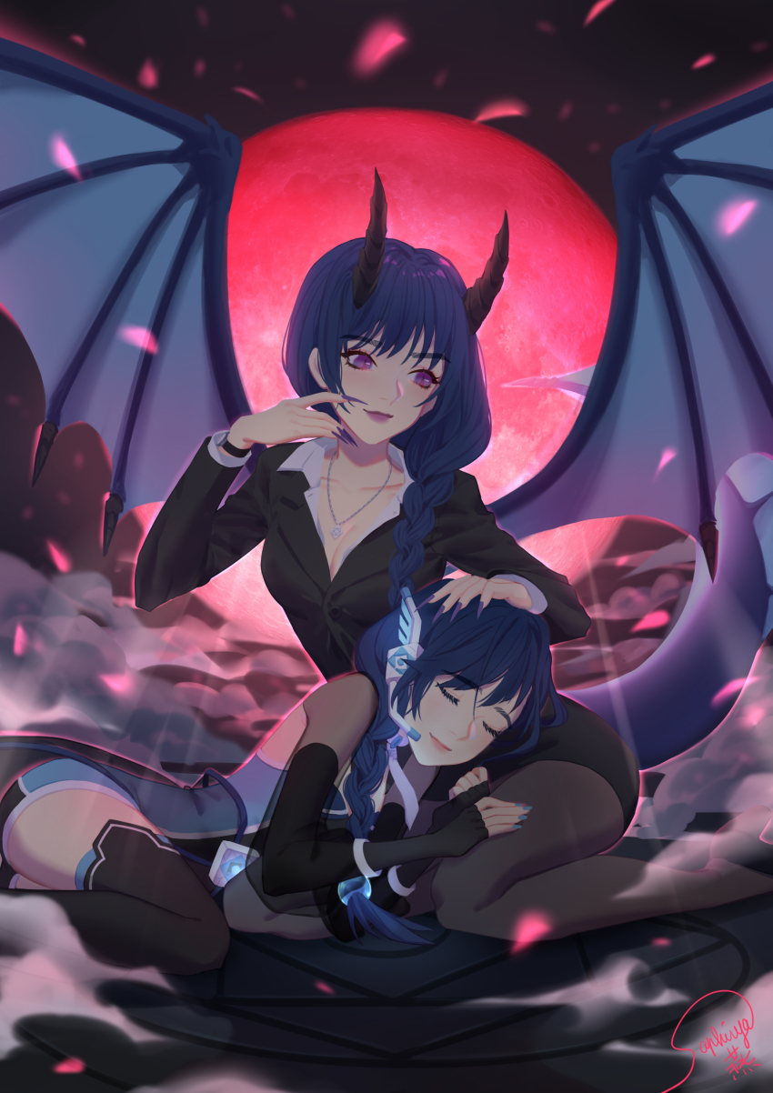 2girls, absurdres, alter/ego, alys, blue_hair, blue_nails, braid, breasts, claws, cleavage, dragon_horns, dragon_tail, dragon_wings, fingernails, formal_clothes, highres, horns, lipstick, long_fingernails, makeup, moon, multiple_girls, nail_polish, purple_eyes, purple_lips, purple_nails, red_moon, saphirya, single_braid, single_horn, suit, tail, voxwave, wings