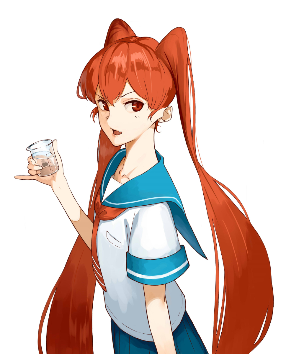 1girl, bad_id, bad_pixiv_id, beaker, blue_sailor_collar, blue_skirt, blush, cicari