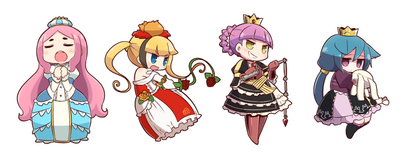 4girls, 7th_dragon, 7th_dragon_(series), :d, :o, alusha_(7th_dragon), black_dress, black_footwear