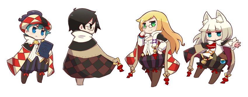 2boys, 2girls, 7th_dragon, 7th_dragon_(series), :<, :o, aqua_hair, black-framed_eyewear